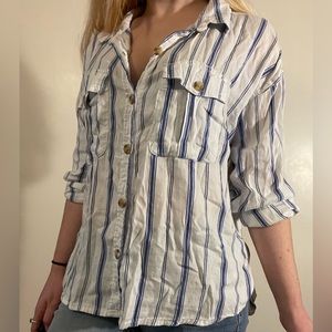 SO Button Up Flannel Tee Shirt Blue and White Striped Beachy